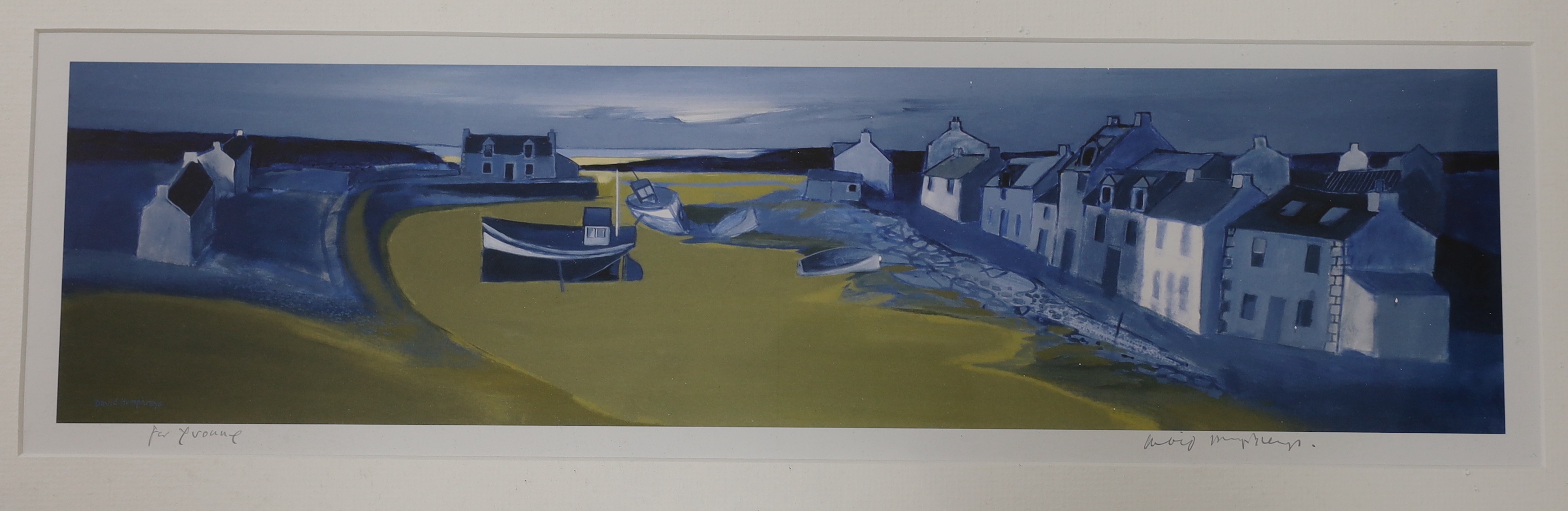David Humphreys (b.1937), four colour lithographs, Cottages and panoramic landscape and harbour scenes, each pencil signed, two with personal inscription, the largest 60cm x 42cm